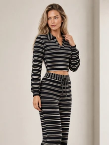 ELLERISSA Black Stripe Knit Crop Top & Wide Leg Pants Co-Ord Set - Black - View 4