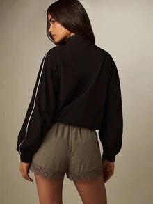 MISSGUIDED Lace Trim Mini Shorts With Piping Detail Elastic Drawstring Waist Flowy Silhouette Summer Holiday Casual Everyday Style - Mocha Brown - View 5