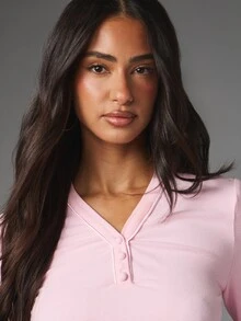 Missguided x Playboy Long Sleeve Crop Top And Wide Leg Pants Co-Ord Set With V-Neck Button Detail And Branded Elastic Waistband - Pink - View 4