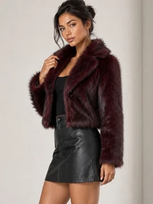 ELLERISSA Burgundy Notched Collar Long Sleeve Cropped Faux Fur Coat - Burgundy - View 3