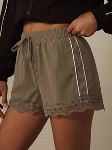 MISSGUIDED Lace Trim Mini Shorts With Piping Detail Elastic Drawstring Waist Flowy Silhouette Summer Holiday Casual Everyday Style - Mocha Brown - View 2
