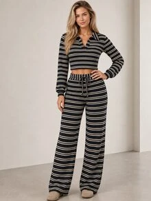 ELLERISSA Black Stripe Knit Crop Top & Wide Leg Pants Co-Ord Set - Black - View 1