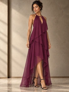 ELLERISSA Gaun Maxi Chiffon Berlapis Model High Low dengan Leher Halter Warna Plum - Bold Plum - View 4