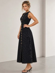 ELLERISSA Gaun Midi Denim Polkadot Hitam Tanpa Lengan Kancing Depan Model A-Line - Hitam - View 3
