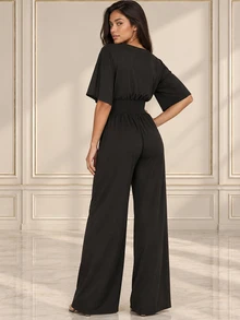 ELLERISSA Black Kimono Sleeve Shirred Waist Wide Leg Jumpsuit - Black - View 2