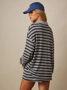 MISSGUIDED Oversized Long Sleeve Polo Shirt With Button Placket Contrast Collar And Short Set In Classic Striped Print For Spring Summer - Multicolor - View 2