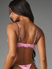 Missguided x Playboy Bunny Logo Pink Balconette Bra And Thong Set With Leopard Print Trim Straps And Waistband Lingerie Two-Piece - Pink - View 3