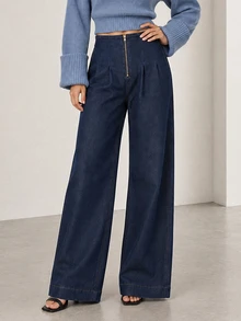 ELLERISSA Dark Wash High Waist Dart Detail Wide Leg Jeans - Dark Wash - View 3