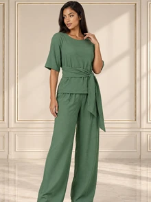 ELLERISSA Green Round Neck Half Sleeve Tie Waist Wide Leg Pants Co-Ord Set - Green - View 3