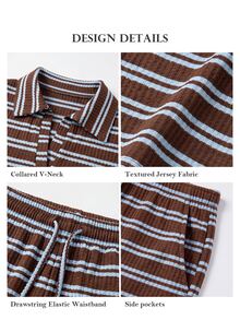 ELLERISSA Plus Size Brown Stripe Rugby Polo Crop Top And Wide Leg Pants Co Ord Set - Brown - View 6