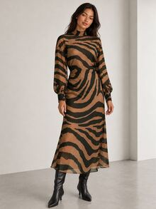 ELLERISSA Brown Zebra Print High Neck Long Sleeve Midi Dress - Brown - View 1