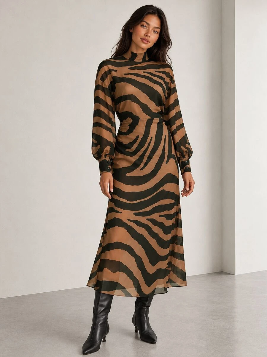 ELLERISSA Brown Zebra Print High Neck Long Sleeve Midi Dress - Brown - View 1