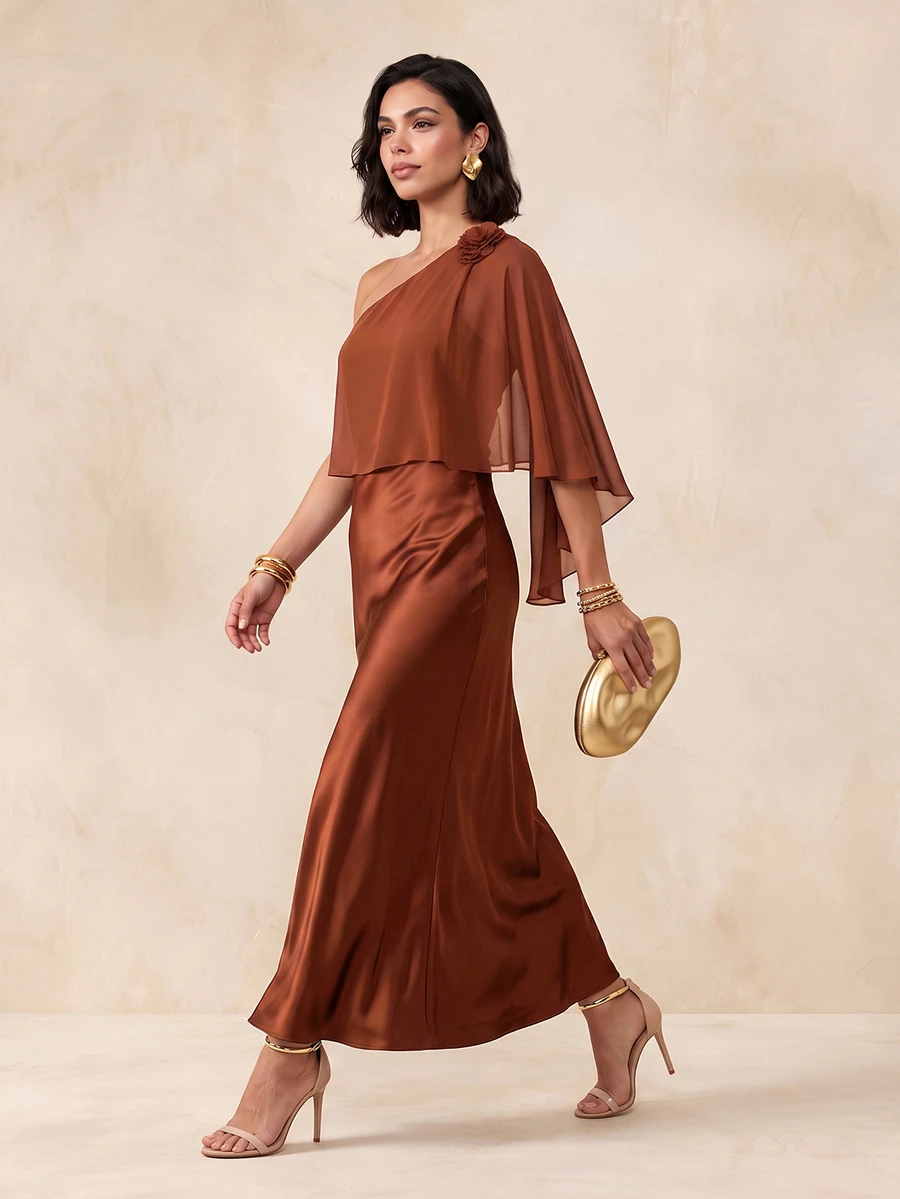 QUIZ Satin One Shoulder Chiffon Cape Maxi Dress - Rust Brown - View 1
