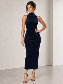ELLERISSA Gaun Midi Bodycon Beludru Berkerut Tanpa Lengan Leher Tinggi Warna Biru Tua - Navy Blue - View 1