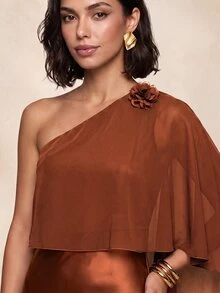 QUIZ Satin One Shoulder Chiffon Cape Maxi Dress - Rust Brown - View 5