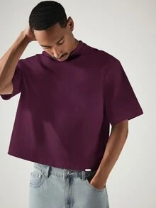 SUMWON Oversized Boxy Cropped T-Shirt With Drop Shoulders And Crew Neck Casual Everyday Essential For Spring Summer - Mauve Purple - View 4