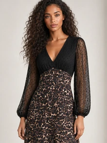 ELLERISSA Black Leopard Print V Neck Dobby Mesh Long Sleeve Contrast Midi Dress - Multicolor - View 3