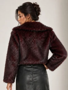 ELLERISSA Burgundy Notched Collar Long Sleeve Cropped Faux Fur Coat - Burgundy - View 2