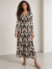 ELLERISSA Gaun Midi Jersey Lengan Panjang Kerah Polo Motif Zebra - MultiWarna - View 3