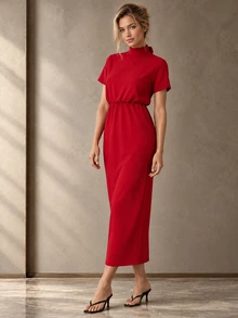 ELLERISSA Gaun Midi Merah Kerah Tinggi dengan Tali di Belakang, Lengan Pendek, dan Pinggang Elastis - Merah - View 4