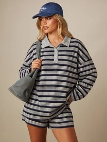 MISSGUIDED Oversized Long Sleeve Polo Shirt With Button Placket Contrast Collar And Short Set In Classic Striped Print For Spring Summer - Multicolor - View 1