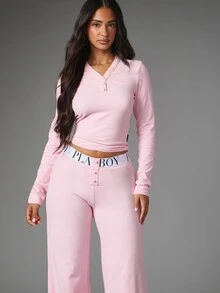 Missguided x Playboy Long Sleeve Crop Top And Wide Leg Pants Co-Ord Set With V-Neck Button Detail And Branded Elastic Waistband - Pink - View 3
