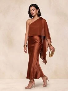 QUIZ Satin One Shoulder Chiffon Cape Maxi Dress - Rust Brown - View 8