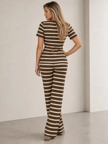 ELLERISSA Coffee Brown Striped Crew Neck Short Sleeve Button Front Peplum Top & Wide Leg Pants Co-Ord Set - Coffee Brown - View 2