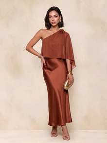 QUIZ Satin One Shoulder Chiffon Cape Maxi Dress - Rust Brown - View 3