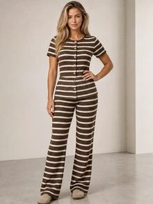 ELLERISSA Coffee Brown Striped Crew Neck Short Sleeve Button Front Peplum Top & Wide Leg Pants Co-Ord Set - Coffee Brown - View 4
