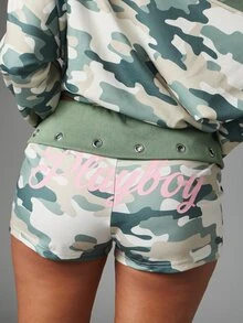 Missguided x Playboy Camo Print Mini Shorts With Ribbed Waistband And Metal Eyelet Detail Summer Festival Holiday - Multicolor - View 6
