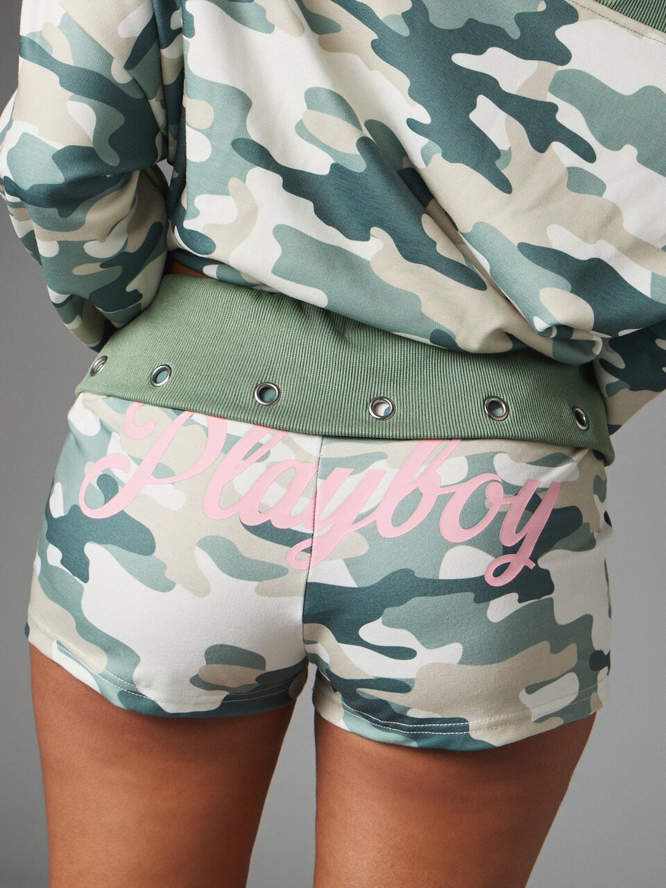 Missguided x Playboy Camo Print Mini Shorts With Ribbed Waistband And Metal Eyelet Detail Summer Festival Holiday