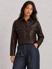 ELLERISSA Black Collared Long Sleeve Button Front Faux Leather Shirt Jacket - Black - View 5