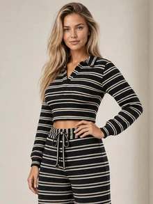 ELLERISSA Black Stripe Knit Crop Top & Wide Leg Pants Co-Ord Set - Black - View 3