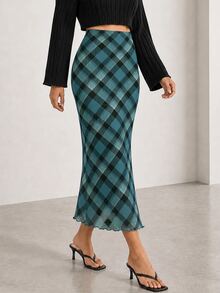 ELLERISSA Blue Plaid Print High Waist Lettuce Hem Mesh Midi Skirt - Blue - View 5