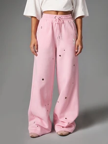 Missguided x Playboy Bunny Wide Leg Sweatpants With Metal Eyelets Drawstring Waist And Logo Script Back Print For Casual Everyday Wear - Pink - View 1