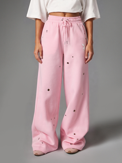Missguided x Playboy Pantaloni della tuta a gamba larga con coniglietto, occhielli in metallo, vita con coulisse e stampa logo script sul retro per uso casual quotidiano