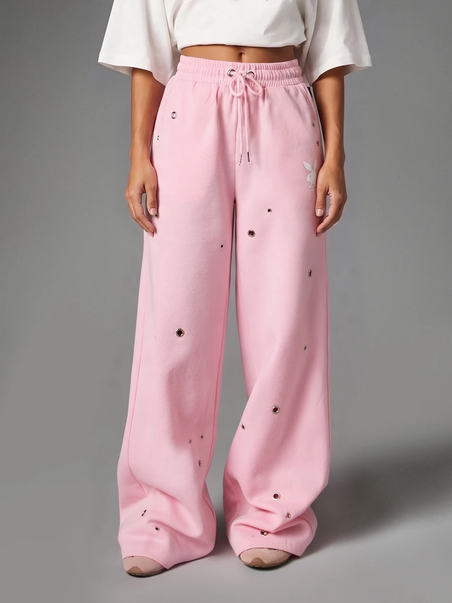 Missguided x Playboy Bunny Wide Leg Sweatpants With Metal Eyelets Drawstring Waist And Logo Script Back Print For Casual Everyday Wear - Pink - View 1