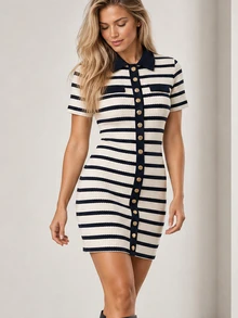 ELLERISSA Gaun Mini Model Shift Berkerah Polo Garis Biru Tua Lengan Pendek Kancing Depan - Navy Blue - View 4