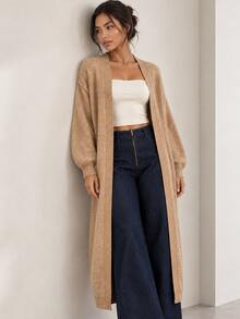 ELLERISSA Apricot Open Front Long Sleeve Fluffy Knit Longline Cardigan - Apricot - View 1