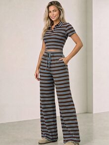 ELLERISSA Plus Size Brown Stripe Rugby Polo Crop Top And Wide Leg Pants Co Ord Set - Brown - View 3
