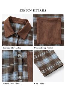 ELLERISSA Plaid Check Multicolor Suede Collar Long Sleeve Contrast Pocket Cropped Boxy Autumn Shirt - Multicolor - View 8