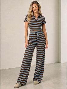 ELLERISSA Plus Size Brown Stripe Rugby Polo Crop Top And Wide Leg Pants Co Ord Set - Brown - View 1