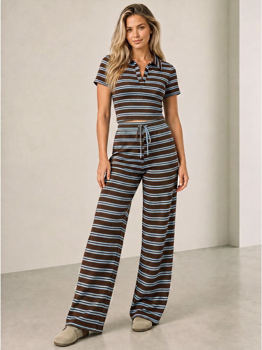ELLERISSA Plus Size Brown Stripe Rugby Polo Crop Top And Wide Leg Pants Co Ord Set - Brown - View 1