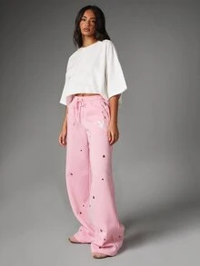 Missguided x Playboy Bunny Wide Leg Sweatpants With Metal Eyelets Drawstring Waist And Logo Script Back Print For Casual Everyday Wear - Pink - View 5