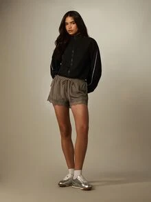 MISSGUIDED Lace Trim Mini Shorts With Piping Detail Elastic Drawstring Waist Flowy Silhouette Summer Holiday Casual Everyday Style - Mocha Brown - View 3