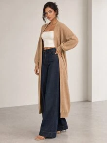 ELLERISSA Apricot Open Front Long Sleeve Fluffy Knit Longline Cardigan - Apricot - View 4