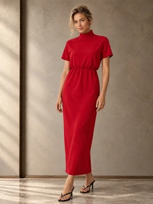 ELLERISSA Gaun Midi Merah Kerah Tinggi dengan Tali di Belakang, Lengan Pendek, dan Pinggang Elastis - Merah - View 6