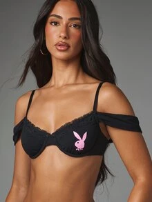 Missguided x Playboy Bunny Off-Shoulder Underwire Balconette Bra With Lace Trim Valentine Lingerie - Black - View 2