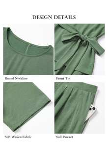 ELLERISSA Green Round Neck Half Sleeve Tie Waist Wide Leg Pants Co-Ord Set - Green - View 7